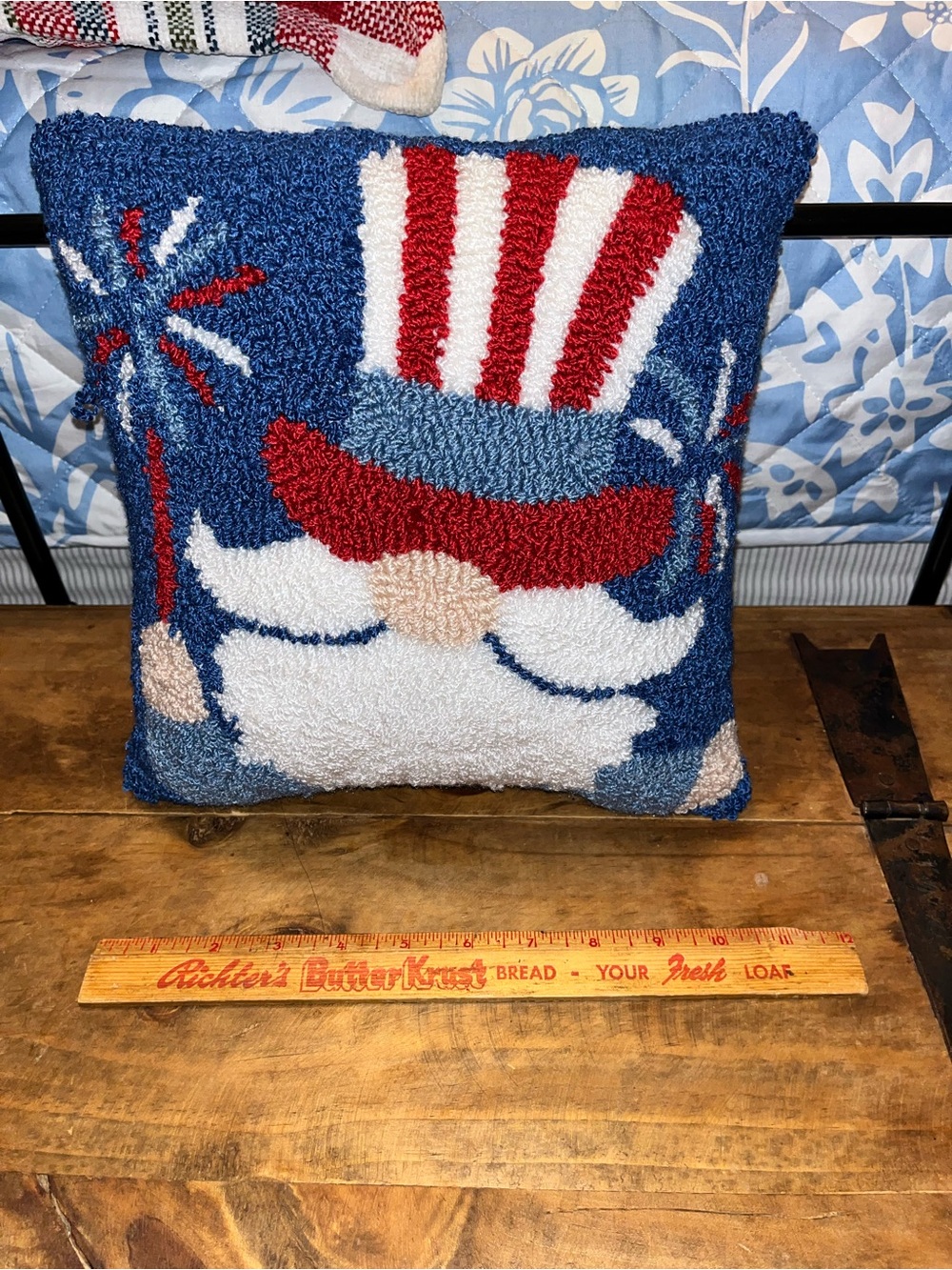 Patriotic Gnome Hooked Throw Pillow - Blue, Red & White